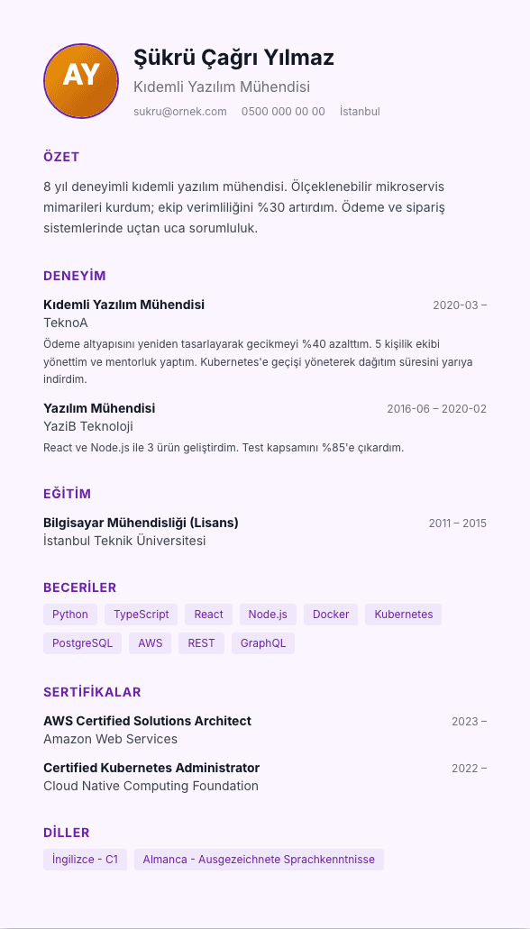 Pastel Zemin CV şablonu önizlemesi - Kreatif-yakın roller için: soft mor sayfa zemini, tek kolon - iki kolon riskine girmeyen yumuşaklık