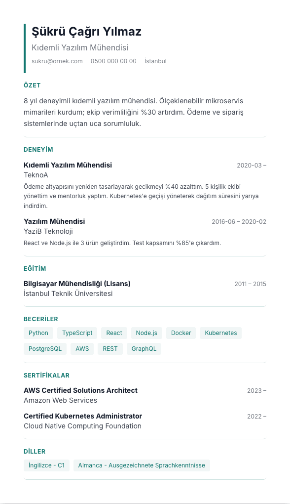 Plex Analist CV şablonu önizlemesi - Veri, ürün ve finans analistleri için: IBM Plex Sans, turkuaz vurgu, rakam odaklı sıkı düzen