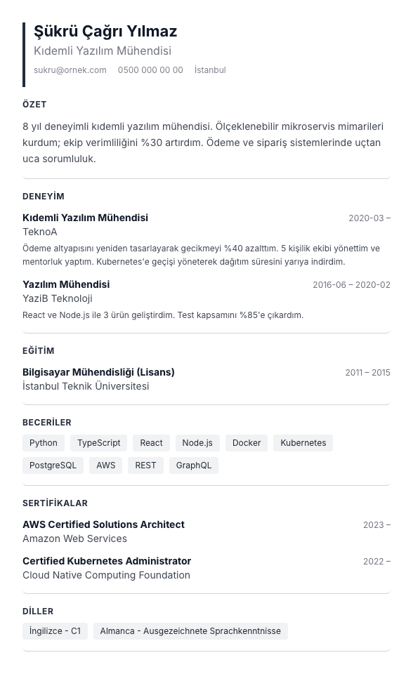 Plex Mühendis CV şablonu önizlemesi - Mühendis ve teknik kadrolar için: IBM Plex Sans, grafit kimlik, kompakt yoğun düzen