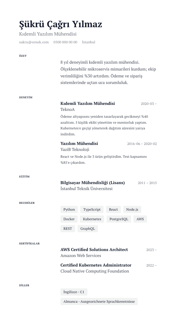 Premium CV şablonu önizlemesi - Display serif, geniş beyaz alan ve sol dış marjda duran başlıklar - ferahlık öncelikli