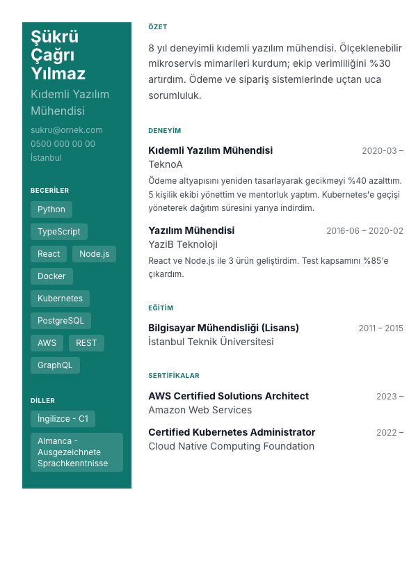 Renkli Sidebar CV şablonu önizlemesi - Sol renkli kolonda iletişim ve yetkinlikler, sağ kolonda kesintisiz kronoloji