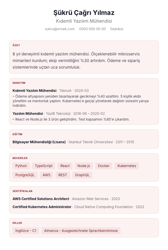 Rozet Kompakt CV şablonu önizlemesi - Katlı giriş başlıkları ve metin-rozet beceriler ile yoğun, taranabilir tek sayfa