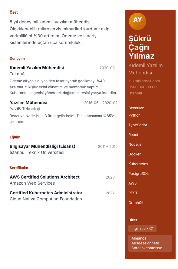 Sağ Panel CV şablonu önizlemesi - Sağda renkli yan panel, solda kesintisiz ana anlatı - okuma önce içerikten başlar