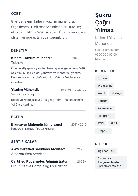 Sağ Sidebar CV şablonu önizlemesi - İki kolon, sidebar sağda - iki-kolon alternatifi
