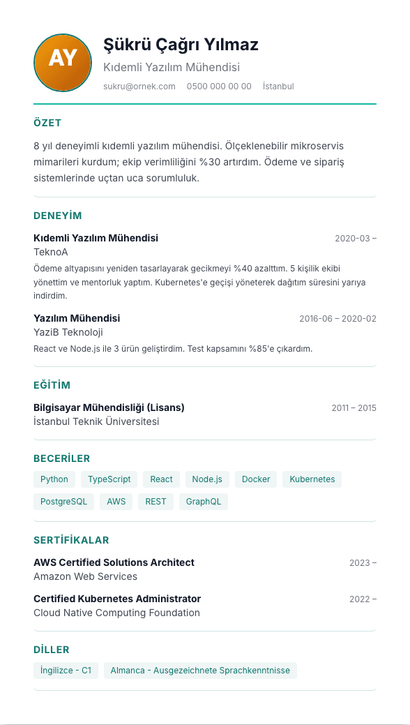 Sağlık CV şablonu önizlemesi - Hemşire, sağlık teknikeri ve sağlık profesyonelleri için: sertifikalar önde, sakin ve güven veren düzen