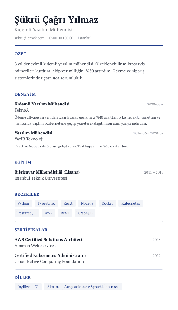 Serif Bilim CV şablonu önizlemesi - Akademisyen ve araştırmacılar için: Source Serif 4, ferah satır aralığı, yayın listesine uygun