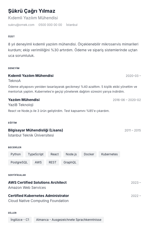 Sıkı Tek Sayfa CV şablonu önizlemesi - Klasik dikey hiyerarşi korunur, boşluk bütçesi sıkılır - örnek veriyle tek sayfa