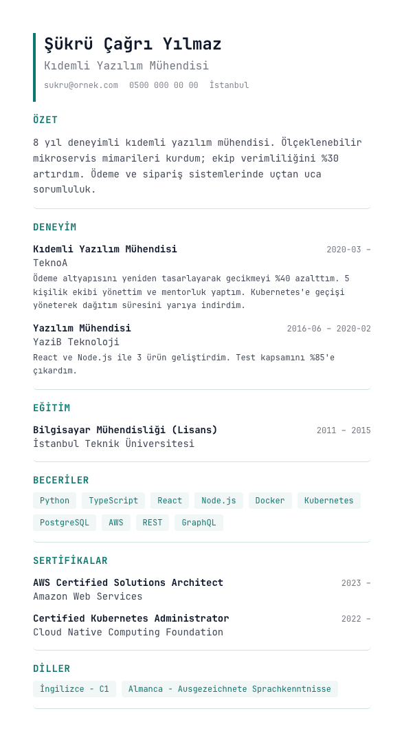 Tech Single CV şablonu önizlemesi - Yazılım/veri profilleri için, link ağırlıklı