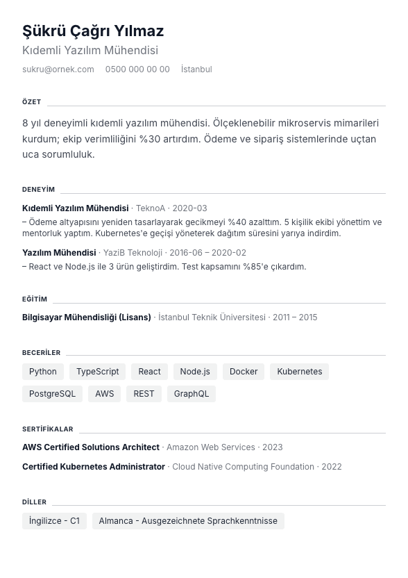 Tek Nefes CV şablonu önizlemesi - Ultra kompakt tek sayfa: tüm meta tek satıra katlanır, başlıklar satır içi çizgide