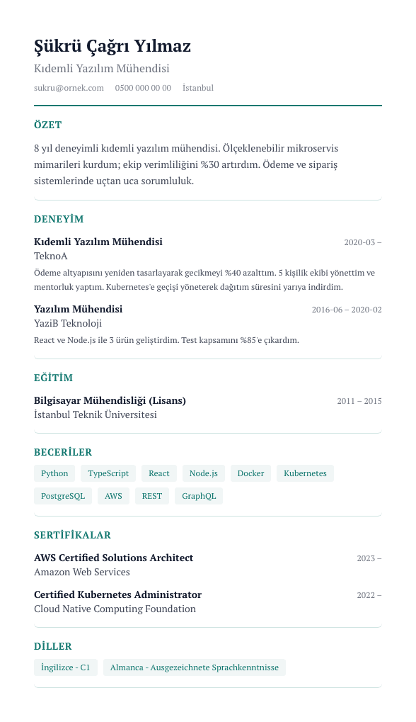 Zaman Çizelgesi CV şablonu önizlemesi - Sol dikey çizgi + nokta - kariyer ilerlemesini vurgular