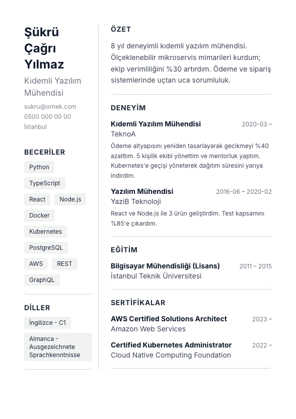 İki Kolon Sade CV şablonu önizlemesi - İki kolon, sidebar beceri/iletişim - genel profesyonel