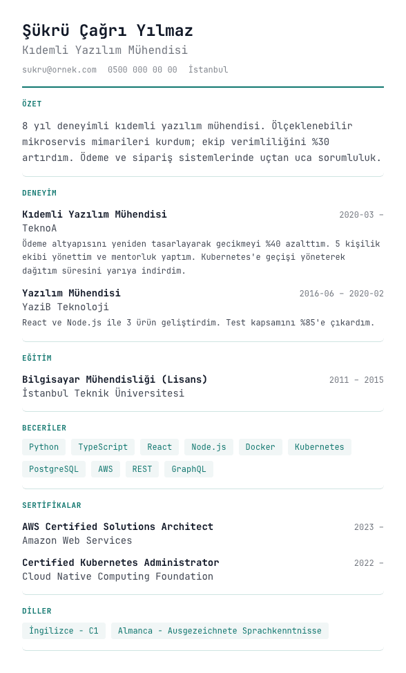 Veri Konsolu CV şablonu önizlemesi - Monospace mikro başlıklar, dar marj ve metrik yoğun analist düzeni