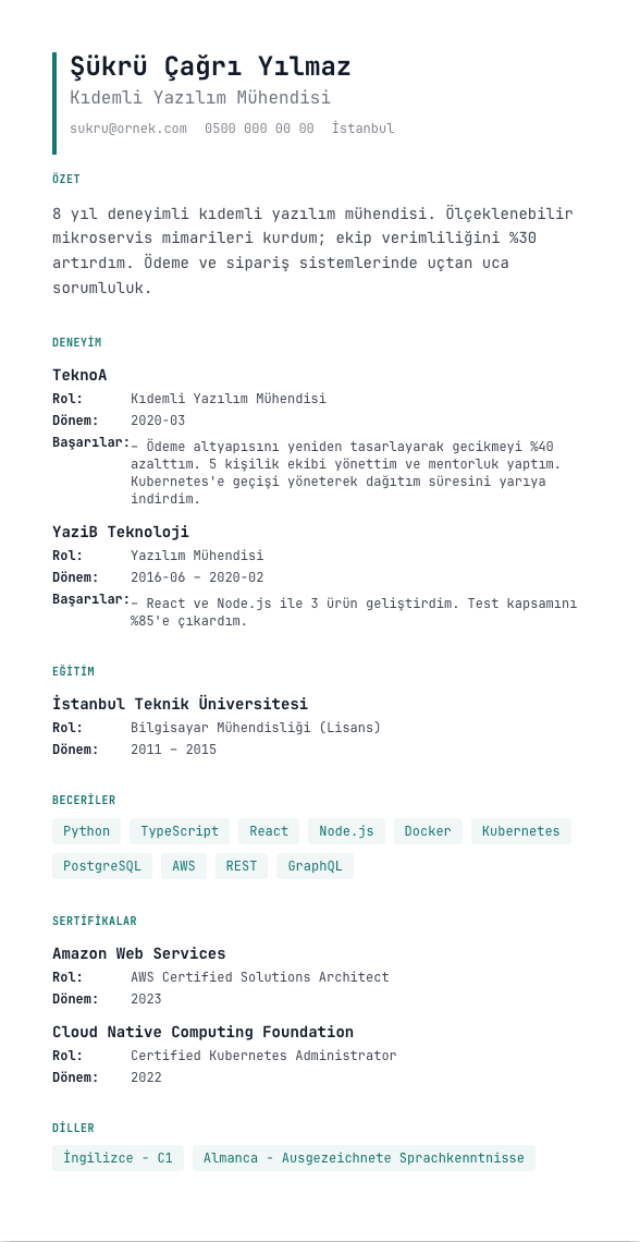 Veri Sayfası CV şablonu önizlemesi - Teknik ürün veri sayfası dili: Rol / Dönem / Yığın / Başarılar / Etki etiket-değer satırları