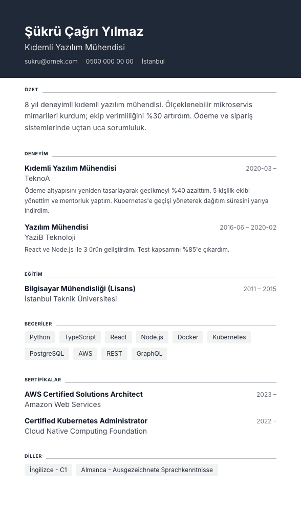Vurgu Bandı CV şablonu önizlemesi - Tam genişlik koyu bant başlık, altında tamamen monokrom gövde - renk yalnız bantta