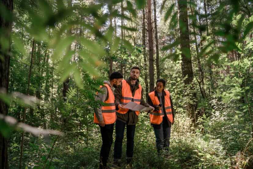 Three adults in safety vests examining a map in a lush forest setting, emphasizing teamwork.