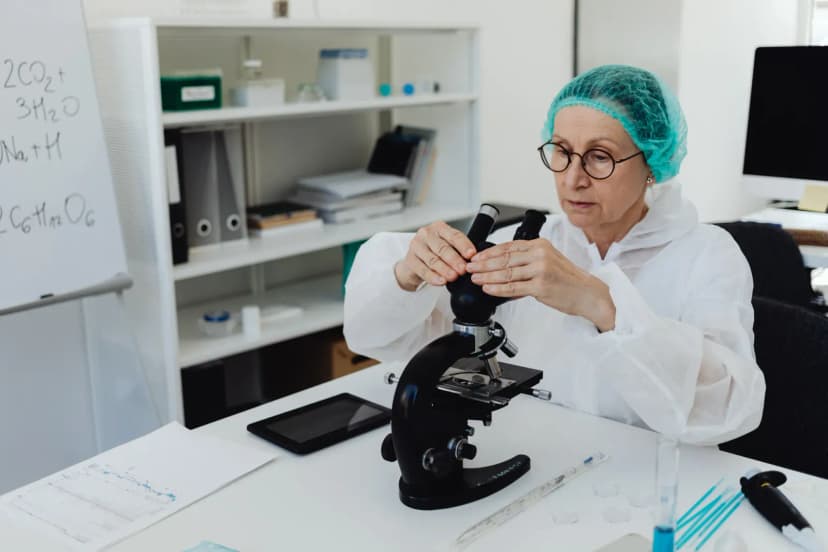 Elderly female scientist in PPE examining samples with a microscope in a modern lab.