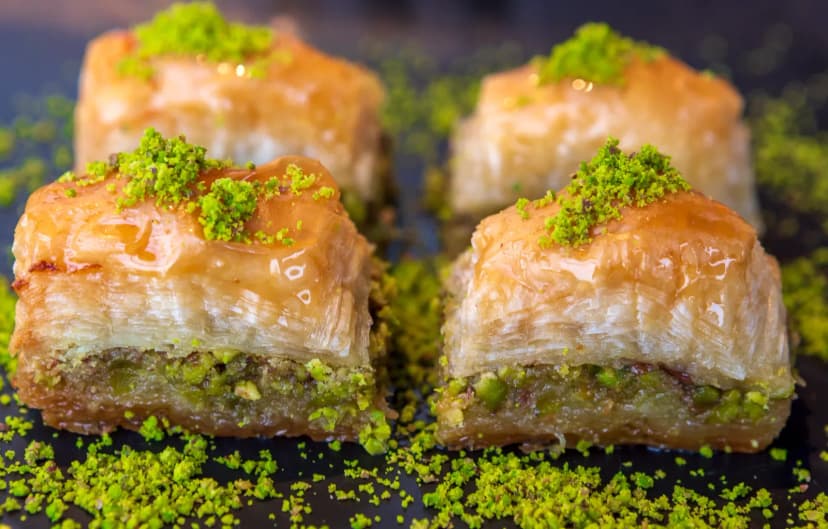 Şerbet dökülen baklava tepsisi yakın çekim