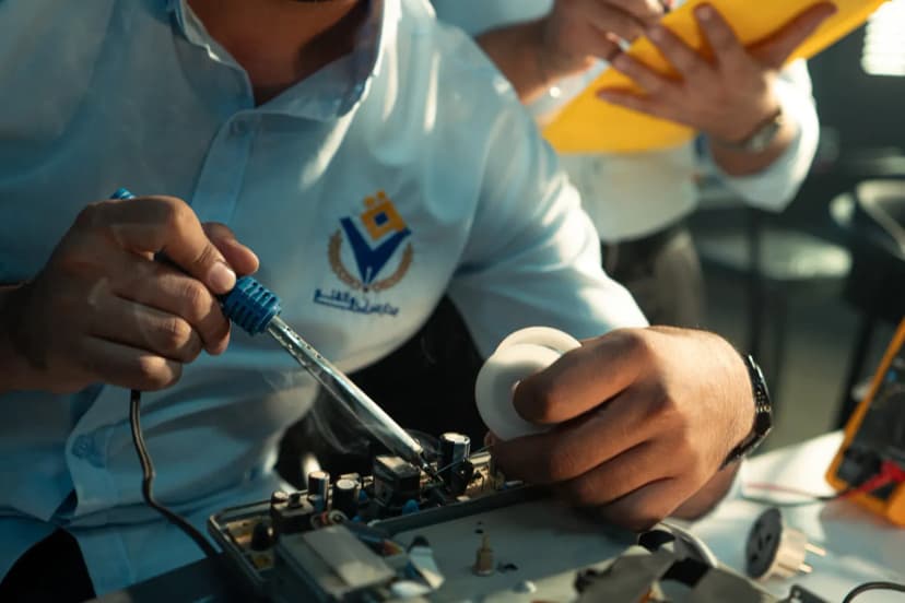 Teknik eğitim alan öğrenciler ve ekipmanlar