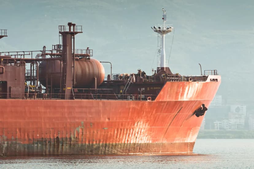 A close-up view of a large rusty industrial ship docked near a coastal city.