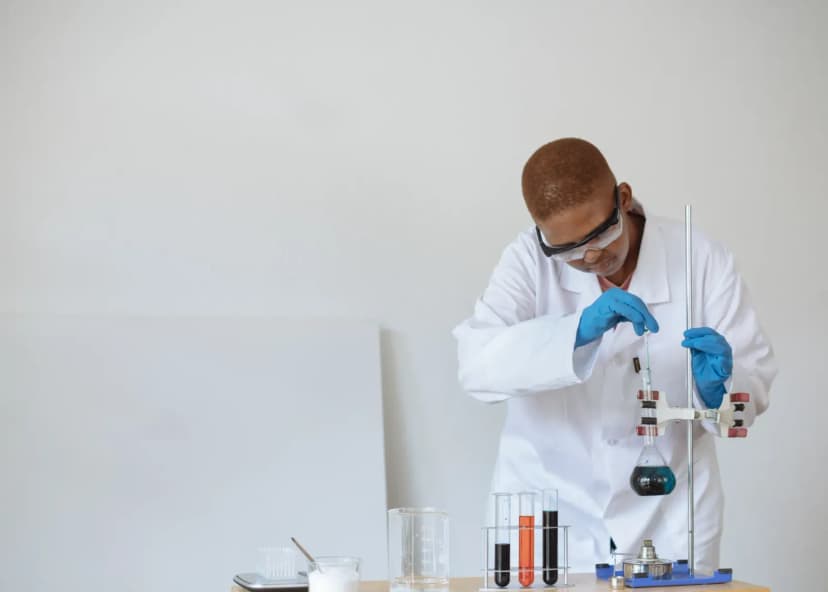 Focused African American schoolboy in safety glasses and uniform examining flask with dark liquid while conducting chemical experiment in classroom