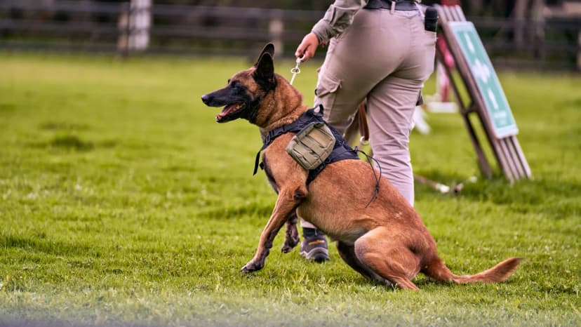 Belgian Malinois dog training outdoors with handler in grassy field.