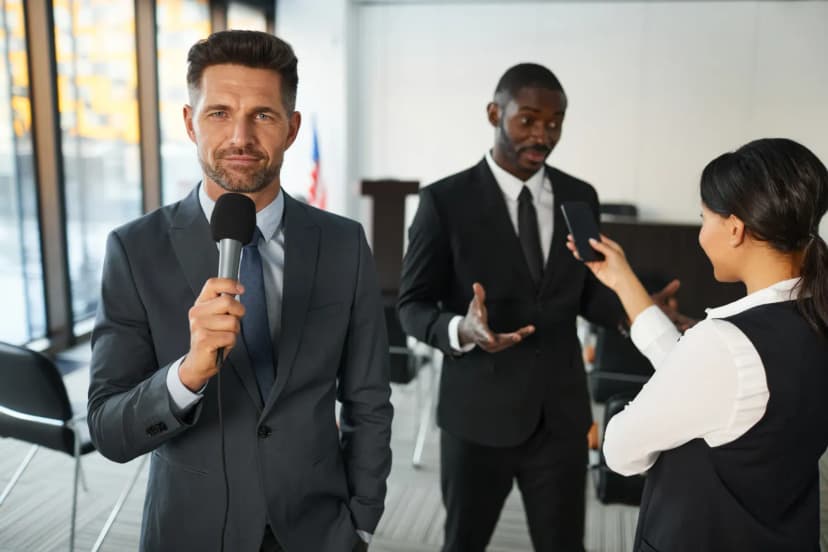 A journalist interviews a businessman in a conference room, capturing a professional and political setting.
