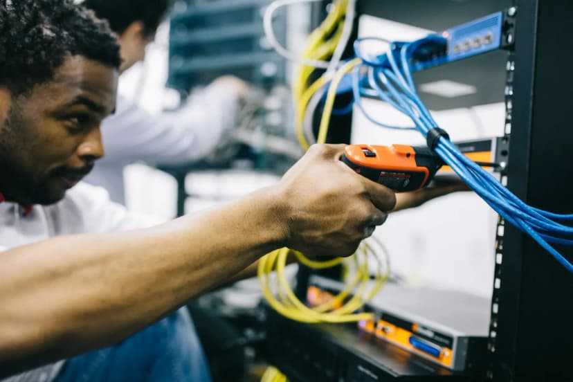 Sunucu rafları arasında çalışan sistem yöneticisi