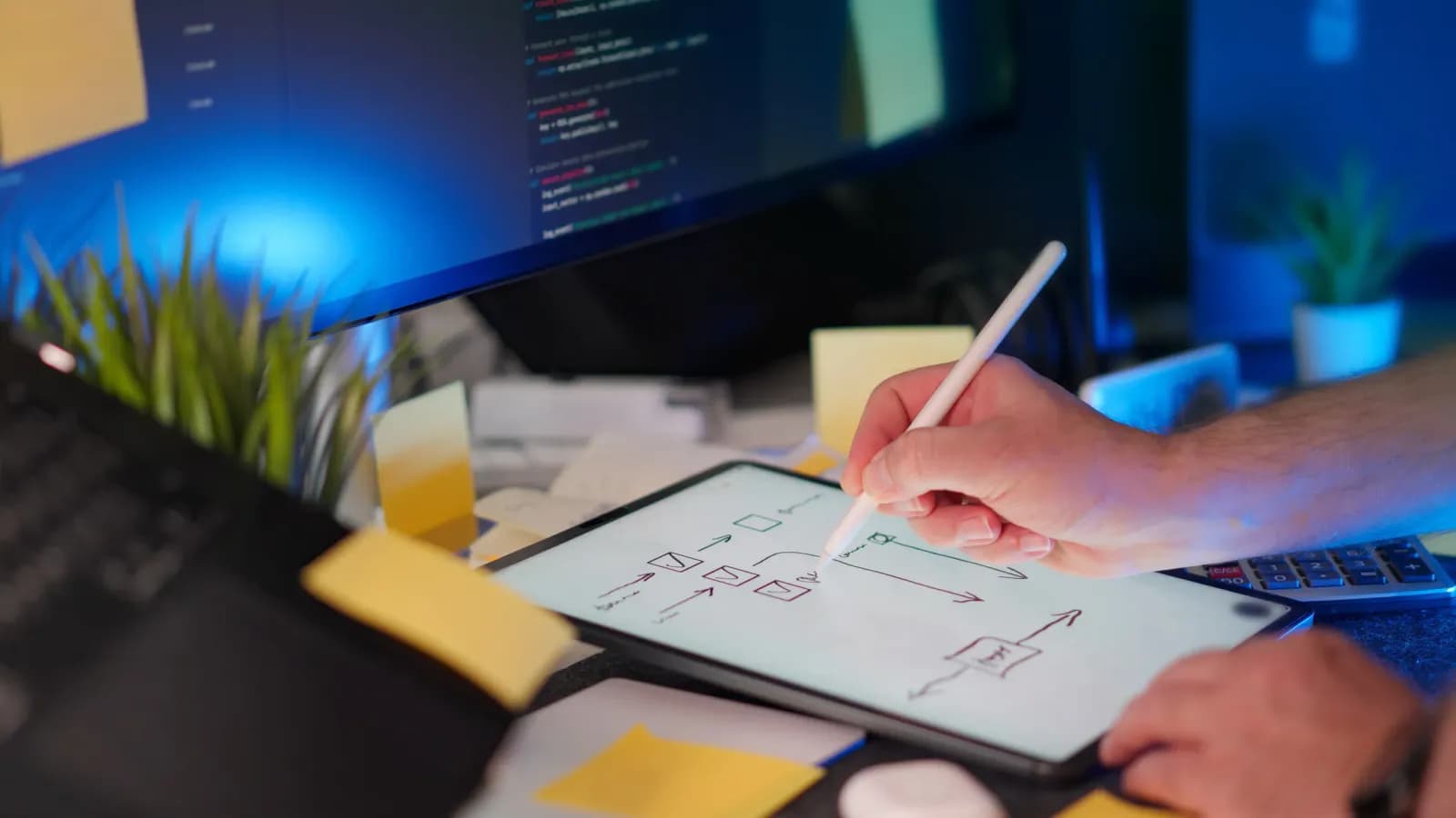 modern bir ofiste bilgisayar başında arayüz tasarlayan tasarımcı, kullanıcı akış şeması ve wireframe çizilmiş beyaz tahta, dijital uygulama arayüz tasarımlarının bulunduğu çalışma masası