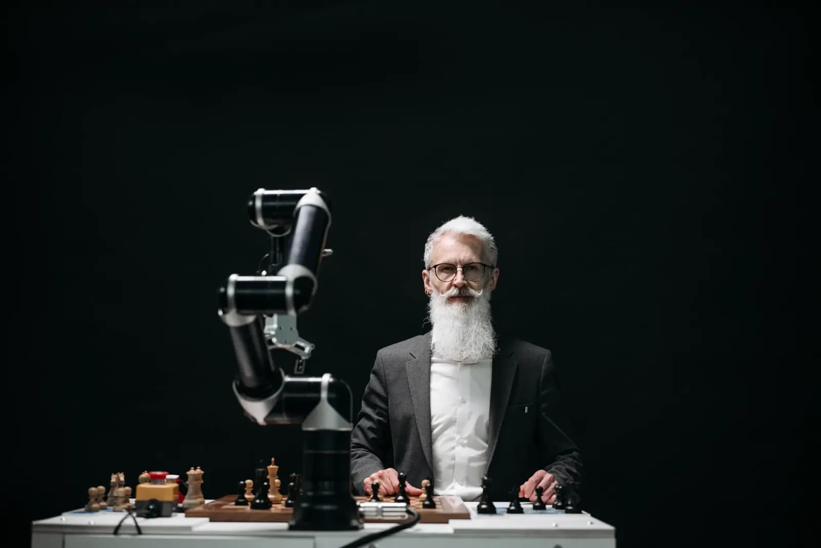 A bearded man in suit playing chess with robotic arm, showcasing AI strategy.