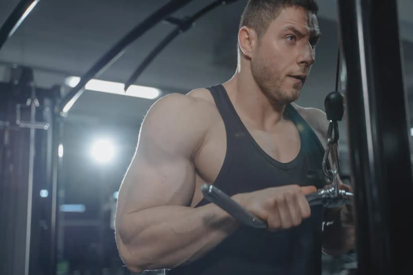 A focused man exercising in a gym, showcasing strength and fitness.