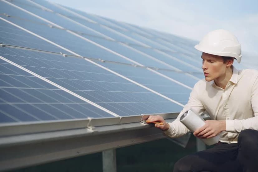 Güneş paneli alanında çalışan yenilenebilir enerji teknisyeni