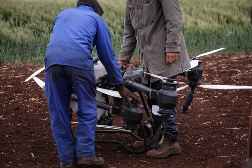 Tarım arazisinde drone ile ilaçlama yapan operatör