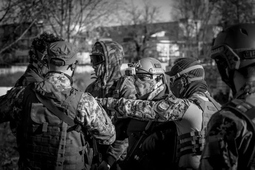Group of soldiers in camouflage and helmets discuss strategy, showcasing teamwork outdoors.