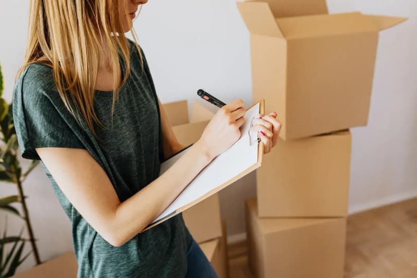 Side view crop female wearing casual shirt standing near packed cardboard containers and taking notes before relocation into new modern place