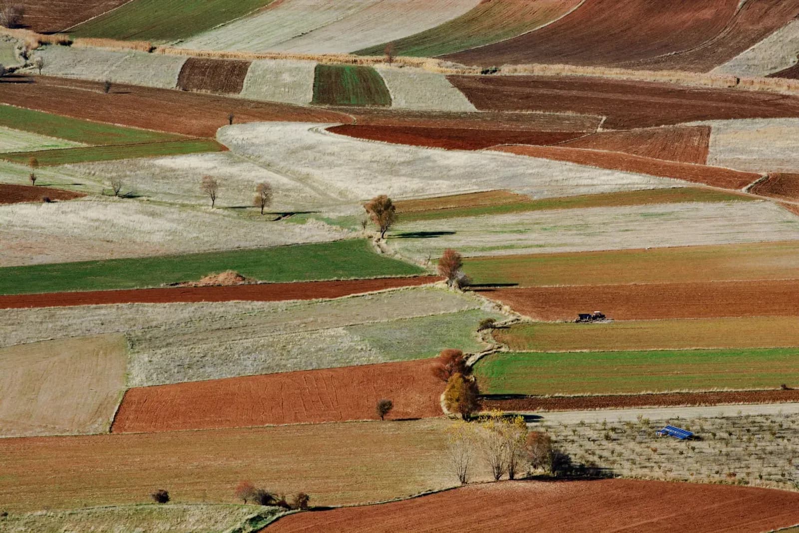 Captivating aerial view of multicolored agricultural fields in Muğla, Türkiye showcasing autumnal tones.
