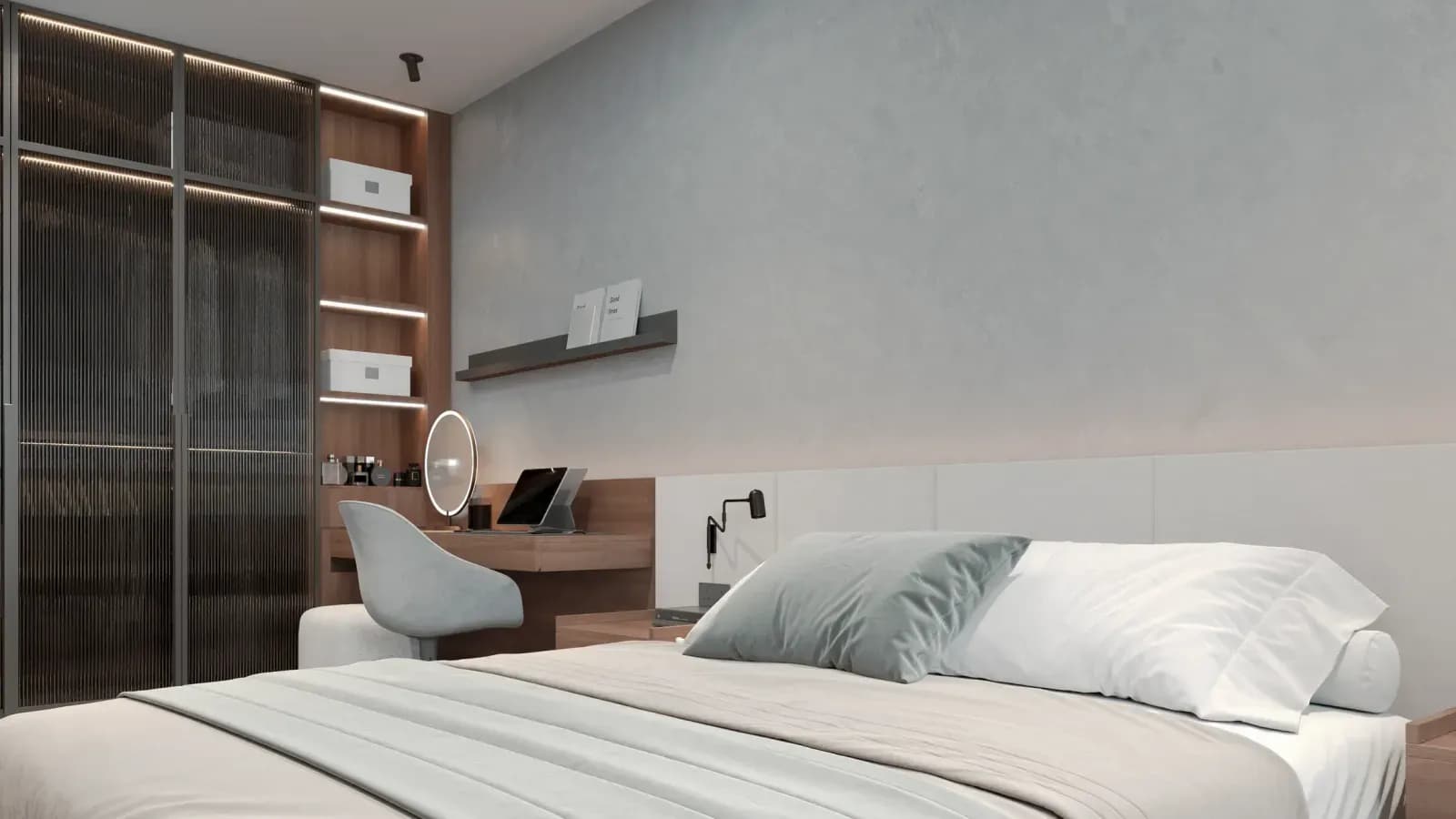 Contemporary bedroom featuring a minimalist desk and elegant decor.