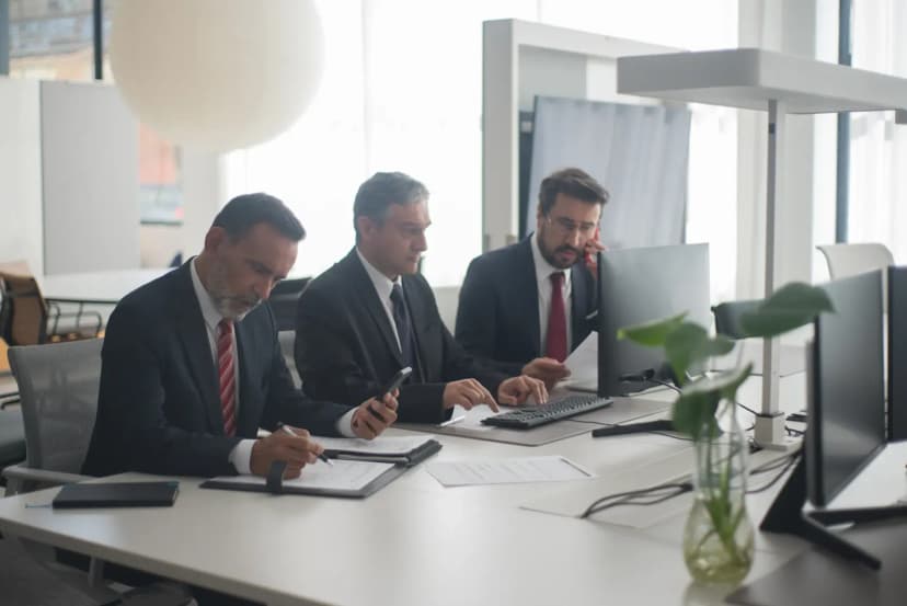 Bir toplantı odasında, kurumsal bankacılık yetkilileri stratejik planlar üzerine tartışırken