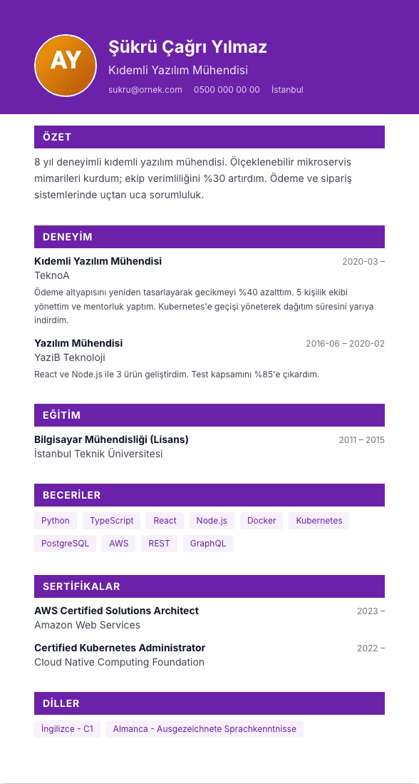 Banner Foto TR CV şablonu önizlemesi - Mor banner başlık + yuvarlak fotoğraf - dikkat çeken ama tek kolon kalan modern kimlik