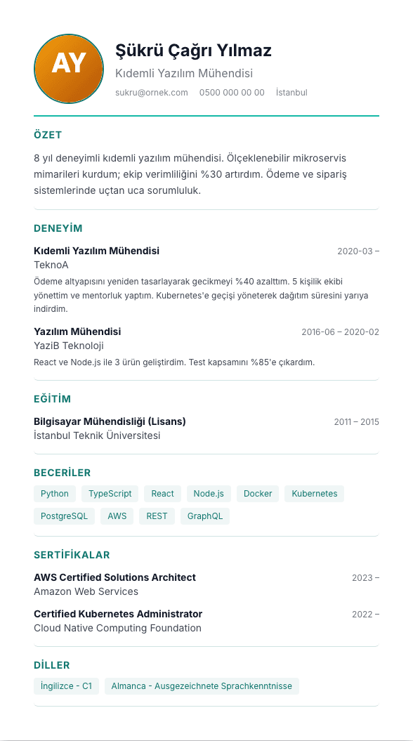 Foto Orta TR CV şablonu önizlemesi - Büyük ortalanmış fotoğraf + turkuaz çizgiler - yüzün öne çıktığı sıcak profesyonel CV