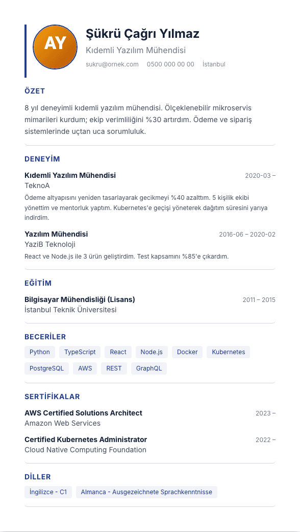 Klasik TR CV şablonu önizlemesi - Tek kolon, fotoğraflı, askerlik alanlı klasik Türk CV'si