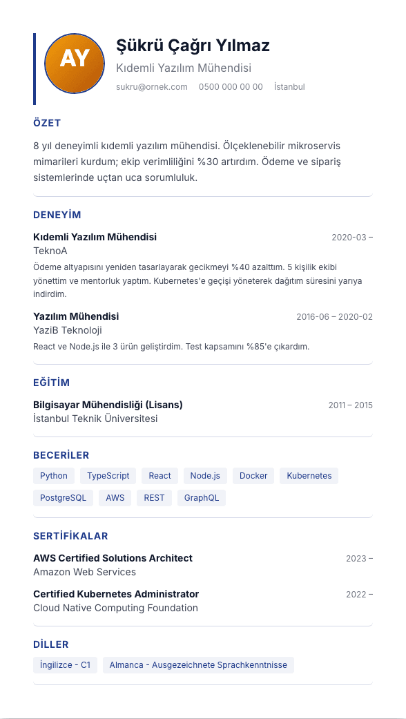 Kurumsal TR CV şablonu önizlemesi - Türk kurumsal/finans/banka - lacivert, opsiyonel foto