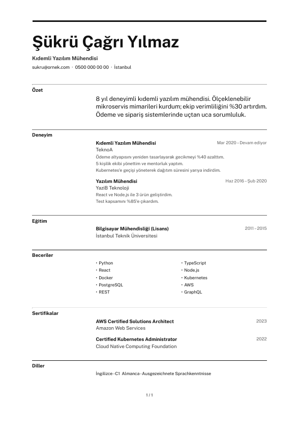 Modül CV şablonu önizlemesi - İsviçre ızgarası: sayfa tepesinde kalın kural, bölüm etiketleri sol sütunda kurala asılı, giriş paragrafı gövdeden iri
