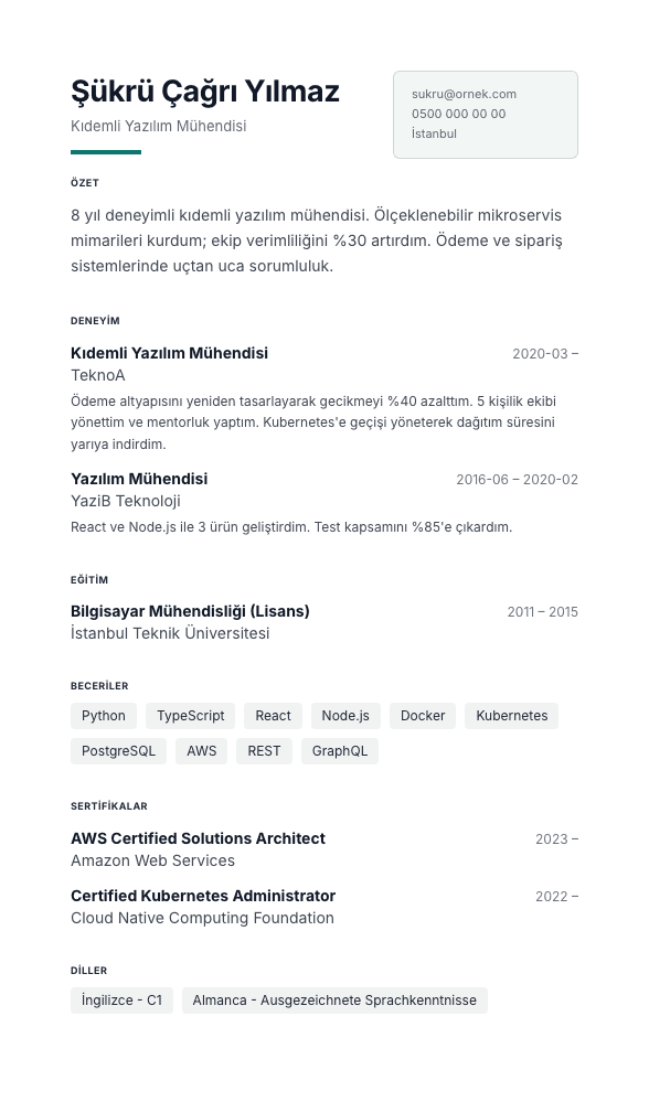 Nordik CV şablonu önizlemesi - Sessiz tipografi, asimetrik marj ve tek imza öğesi olarak kısa kalın aksan çizgileri