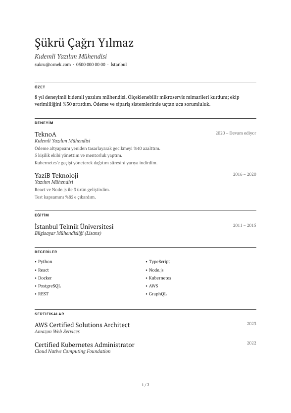 Sessiz Başlık CV şablonu önizlemesi - Ters hiyerarşi: bölüm adları sayfanın en küçük metni, işveren ve okul adları en iri ikinci metin; tek süs kıl çizgi