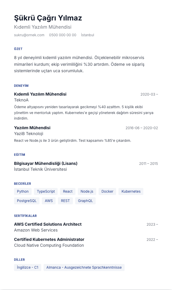 Zaman Noktası CV şablonu önizlemesi - Tüm kronolojik bölümler tek ray üzerinde: her girişin solunda nokta, aralarında dikey çizgi