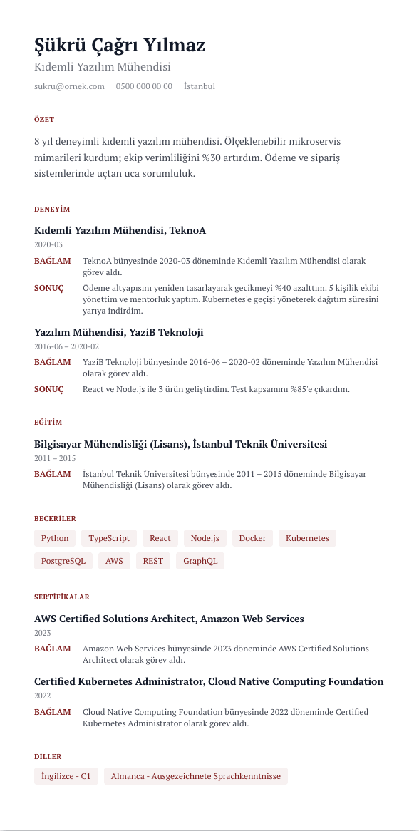 Vaka Dosyası CV şablonu önizlemesi - Her iş bir vaka çalışması: Bağlam / Aksiyon / Sonuç etiketli mikro bölümler - danışmanlık dili