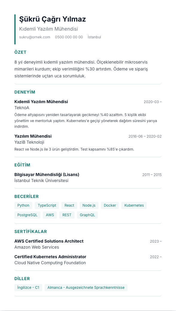 Yeni Mezun CV şablonu önizlemesi - Öğrenciler ve 0-2 yıl deneyimliler için: eğitim ve projeler önde, deneyim boşluğu göze batmaz