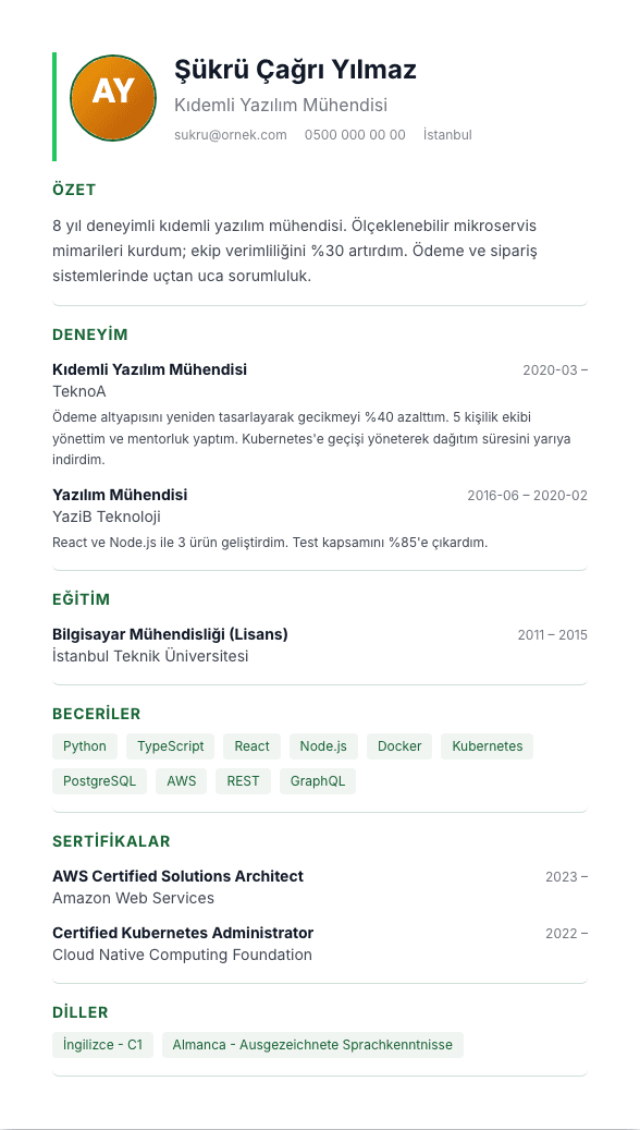 Yeşil Modern TR CV şablonu önizlemesi - Orman yeşili vurgu ve yuvarlak fotoğraflı, taze ve enerjik modern Türk CV'si
