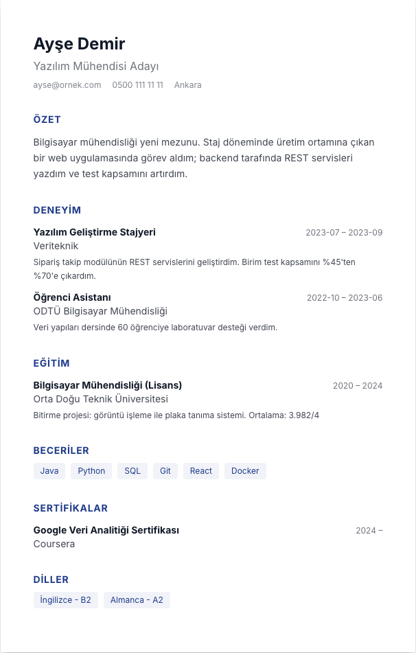 ABD Formatı CV şablonu - yeni mezun CV'si örneğiyle