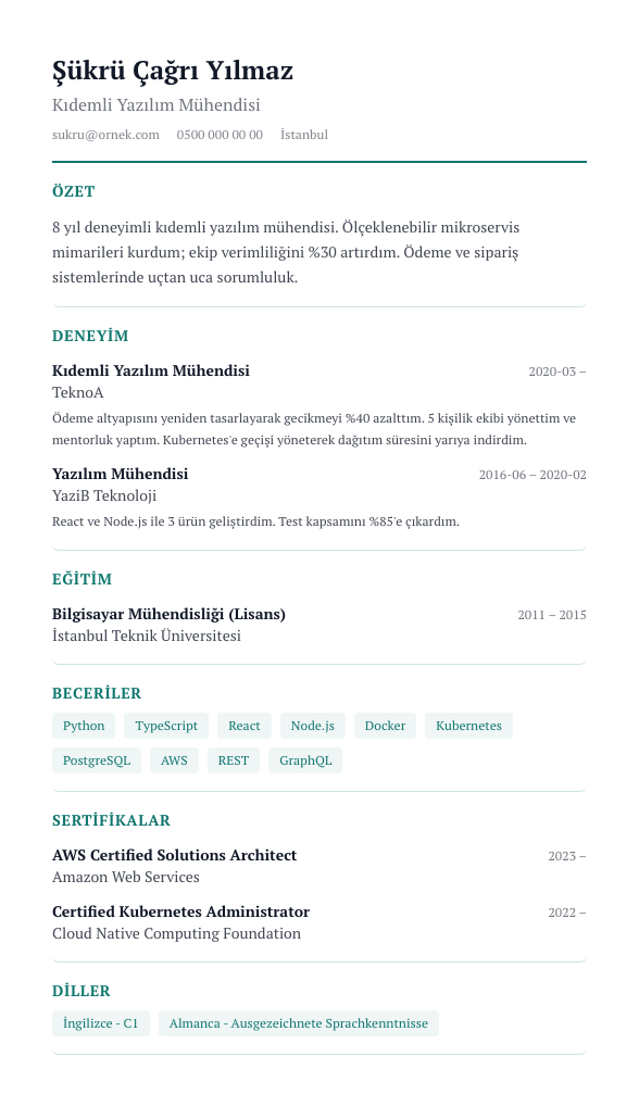 Academic CV şablonu - alternatif vurgu rengiyle